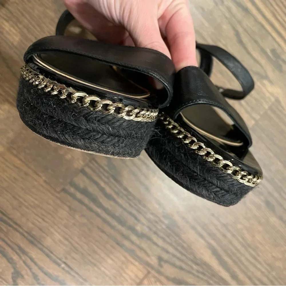 Lanvin Paris Black Leather Espadrille Flatform Sandal size EU 36 with gold chain